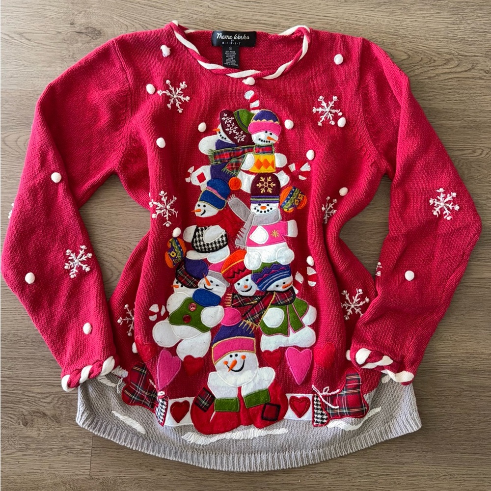 Vintage Theme Works by Kikit Ugly Christmas Snowman Pom Pom Sweater Women’s Sz S